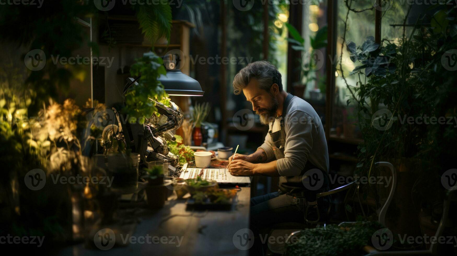 retrato do uma homem trabalhando dentro uma flor comprar, faço notas. foto