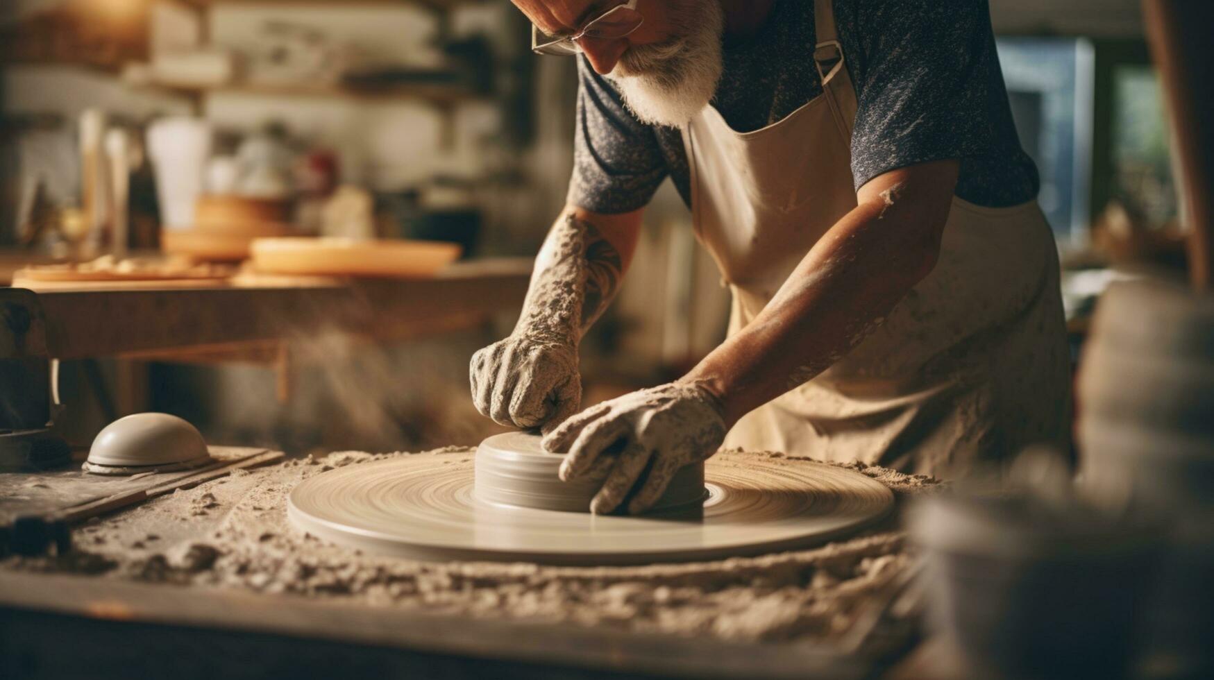 mãos trabalhando com argila em de oleiro roda, artesanato, tradicional construir fazendo.ai generativo. foto