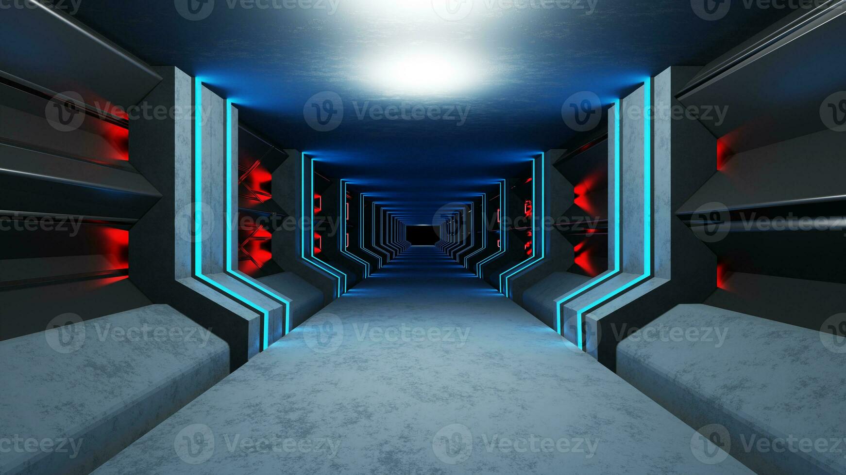a néon azul eclusa de ar túnel brilha por aí a corredor em a reflexivo concreto chão. foto