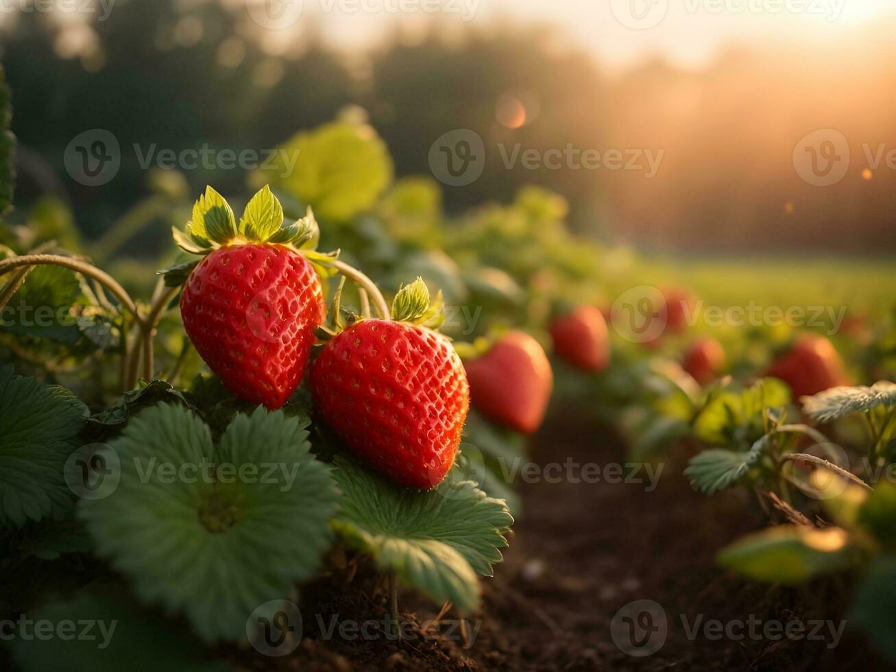 morango Fazenda com nascer do sol. ai gerado foto