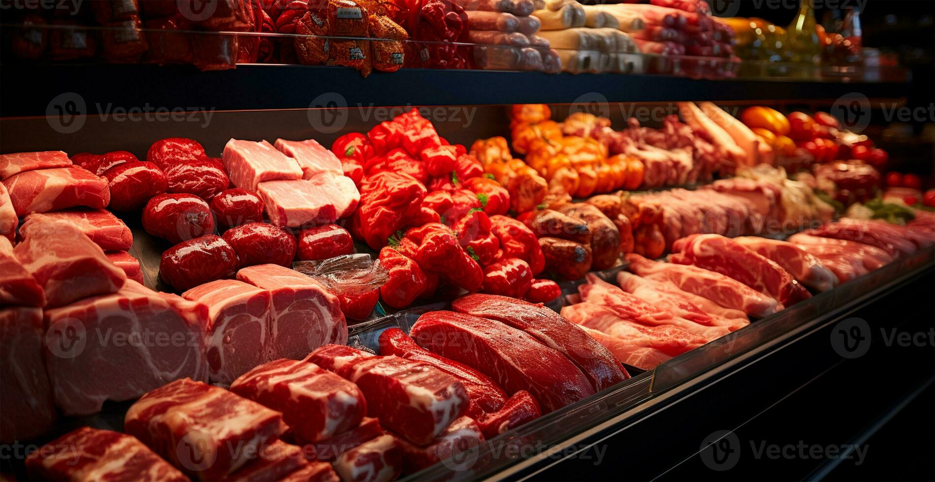 fazer compras janela para vermelho cru carne, carne bovina, carne de porco, frango. dieta Comida. carne supermercado - ai gerado imagem foto