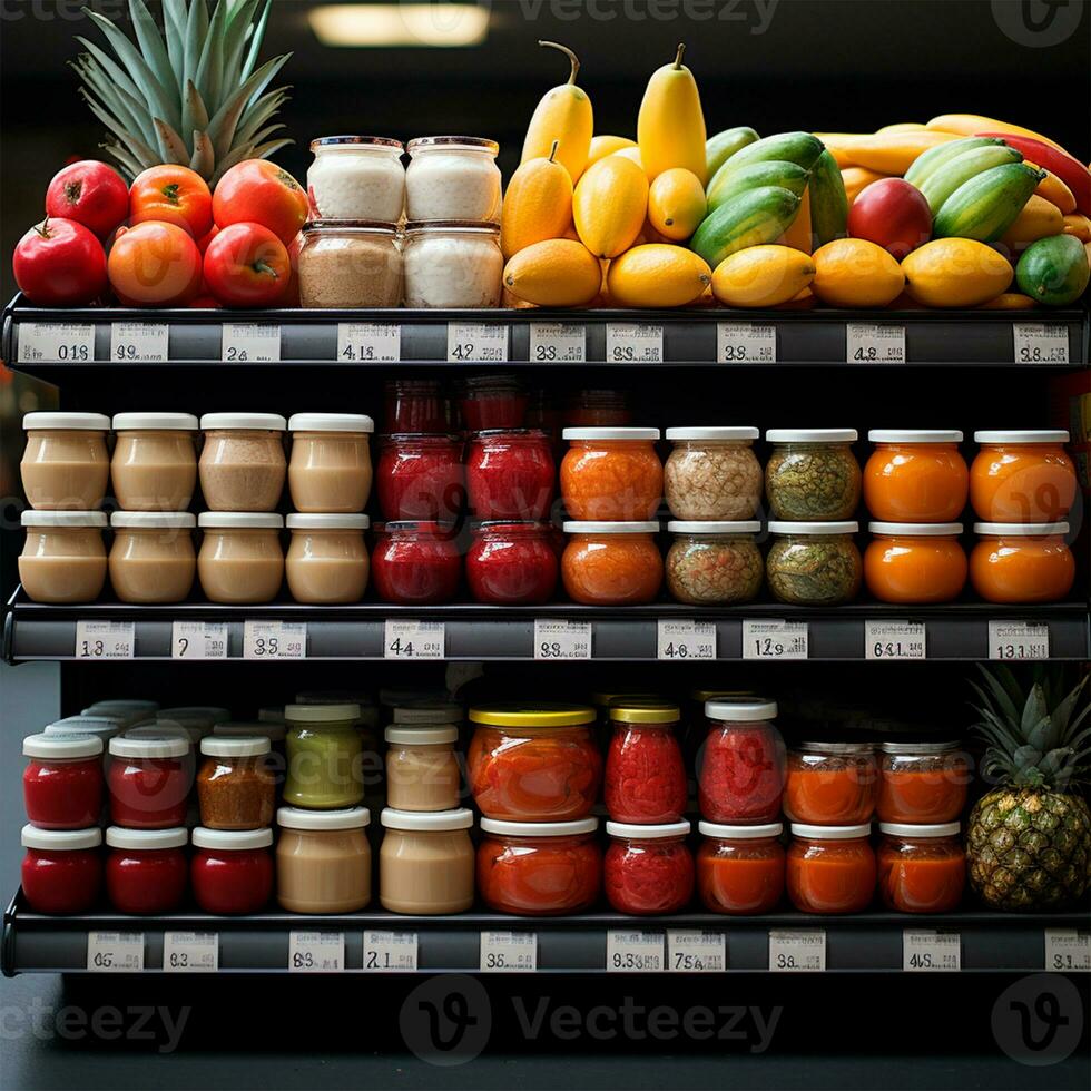 mercearia loja, fruta contador, suco bebidas fechar-se - ai gerado imagem foto