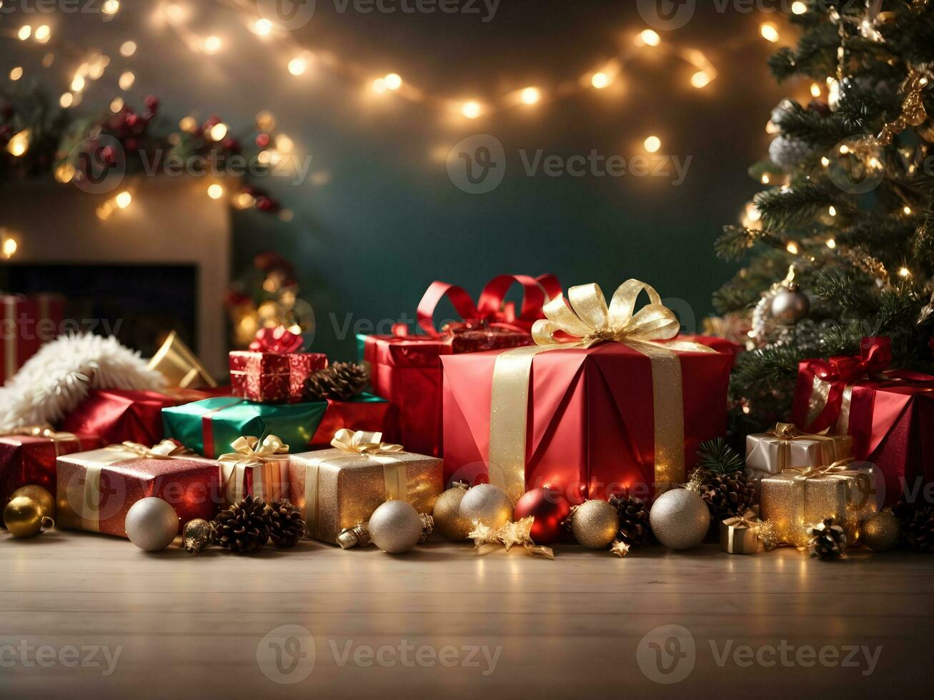 alegre Natal com uma decorativo árvore e uma presente caixa. generativo ai foto