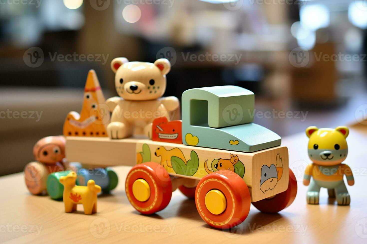 de madeira crianças brinquedos em a mesa. de madeira jogar definir. gerado de artificial inteligência foto
