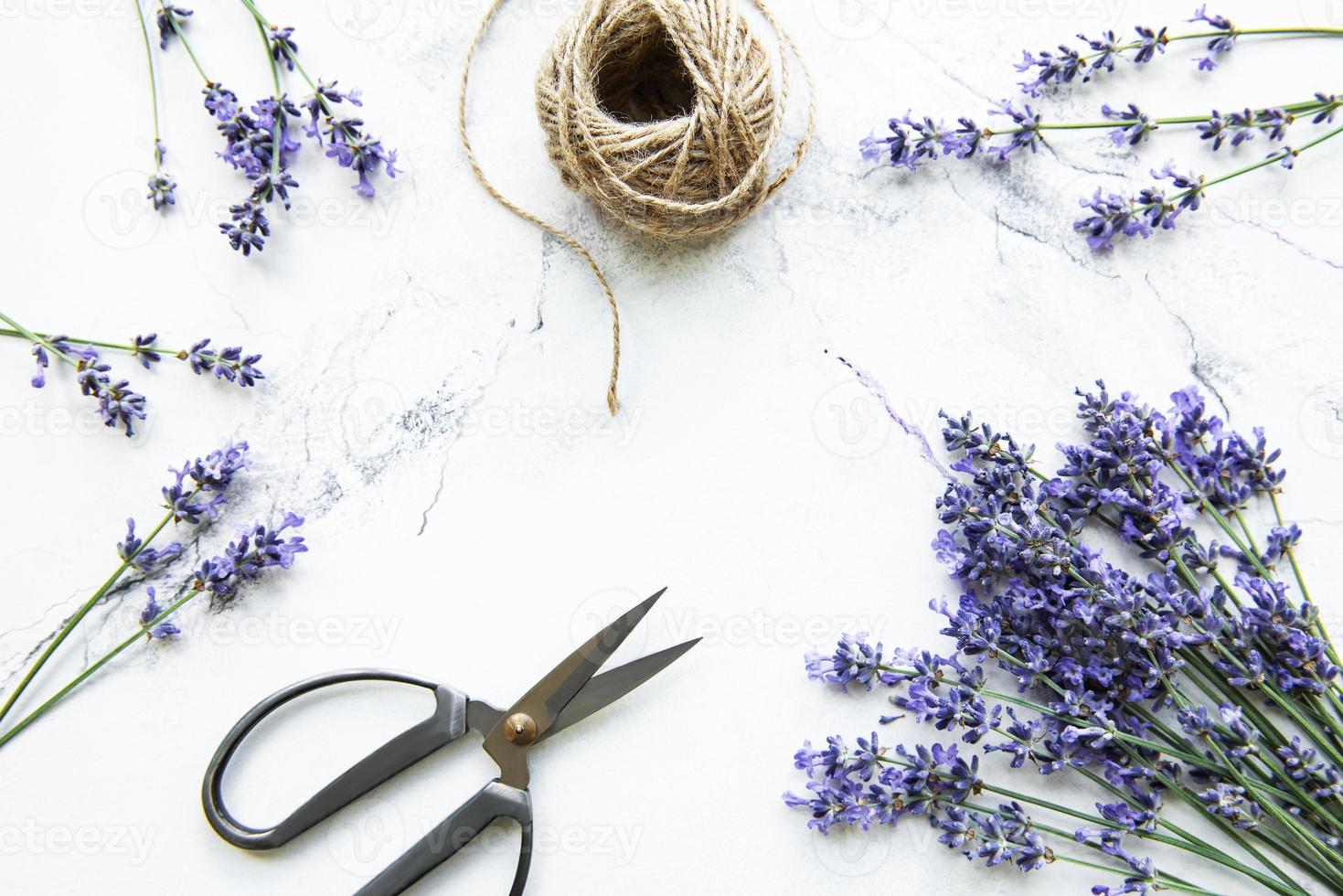 flores de lavanda, tesoura e corda foto