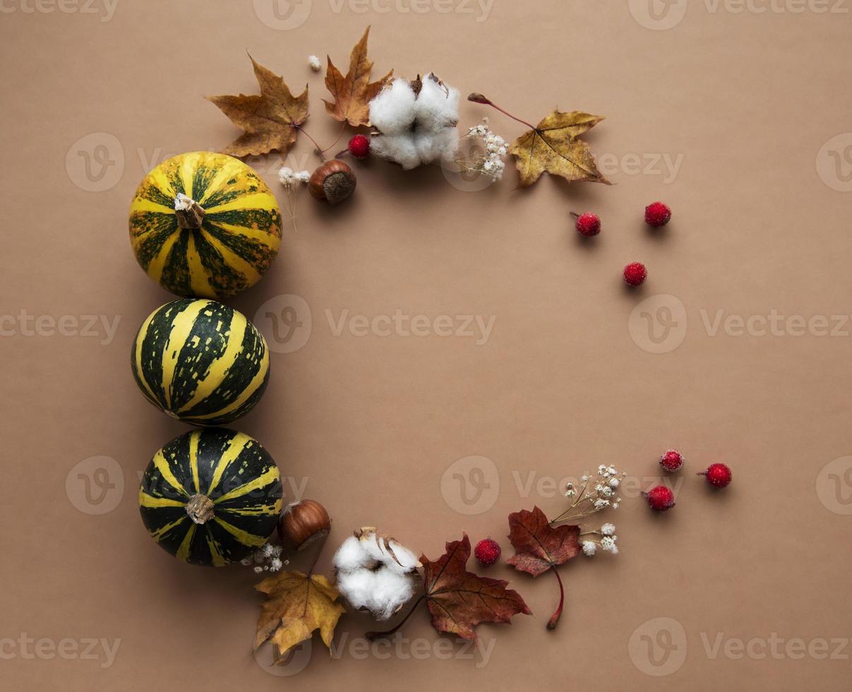decoração de outono com abóboras e folhas secas foto