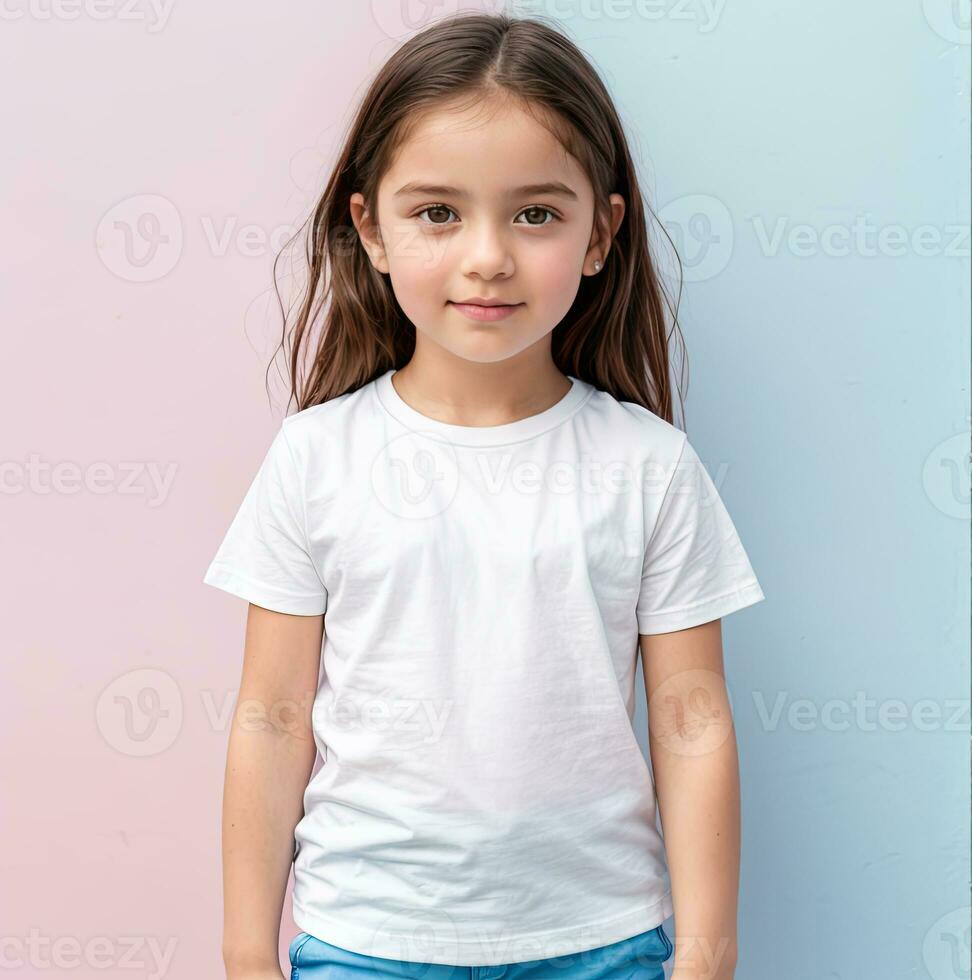 fofa menina vestindo uma branco vestir. camiseta Projeto brincar. crianças em pé contra uma parede fundo, ai generativo foto