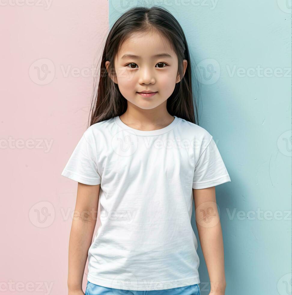 fofa menina vestindo uma branco vestir. camiseta Projeto brincar. crianças em pé contra uma parede fundo, ai generativo foto