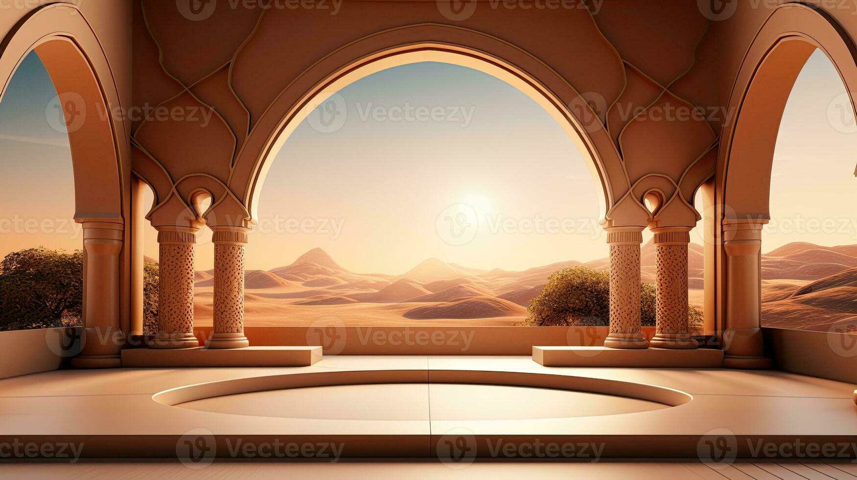 fundo para a islâmico feriado do Ramadã dentro uma minimalista estilo, com uma pódio, com luz solar, dentro luz bege ouro delicado tons e elementos do natureza. ai gerado foto