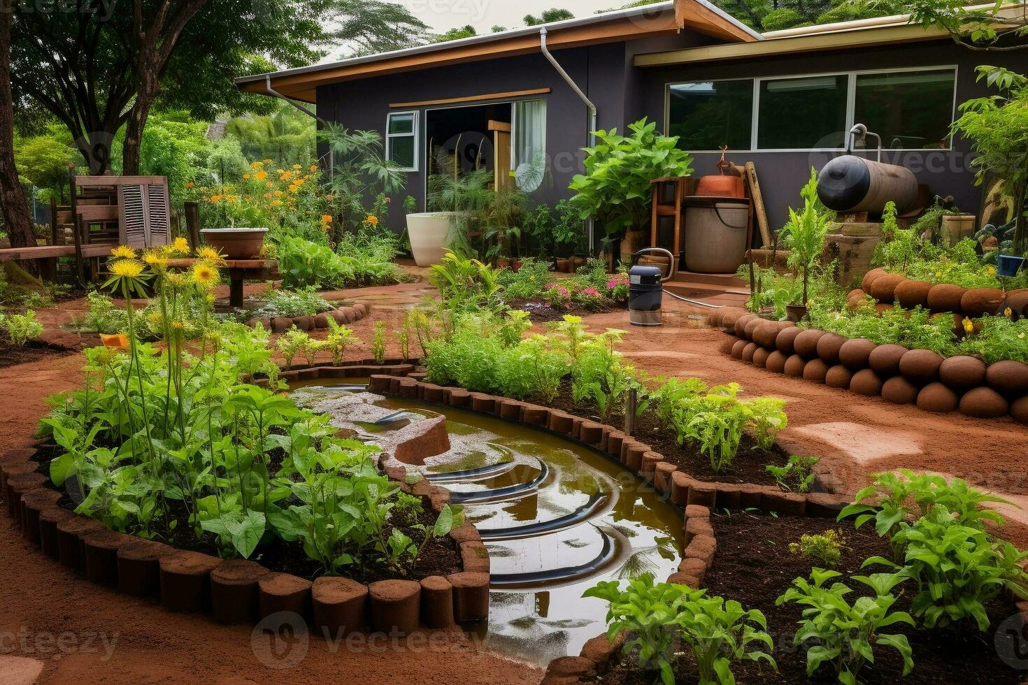 uma casa jardim com água da chuva colheita e compostagem sistemas. bem conservado jardim área com camas e água tanques. doméstico, flor camas com plantas. ai generativo foto