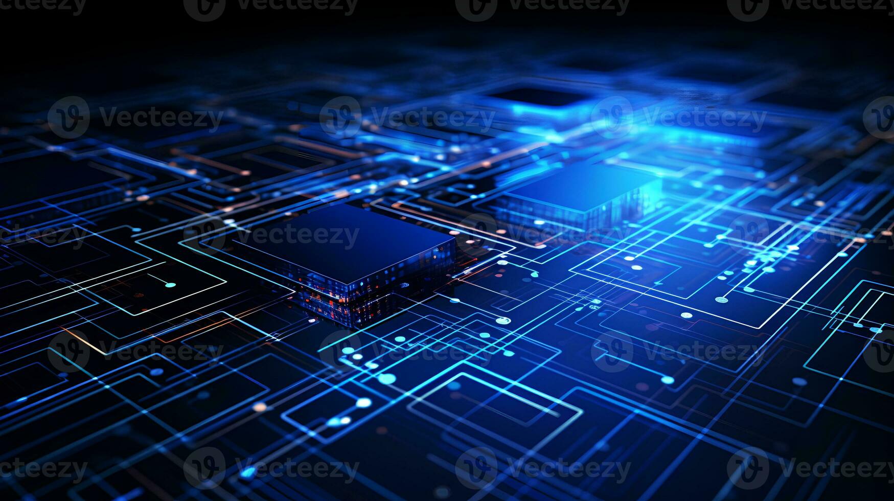 detalhado Visão do uma contemporâneo eletrônico o circuito borda com uma CPU, microchip, e vários componentes, ponta tecnologia. ai generativo foto