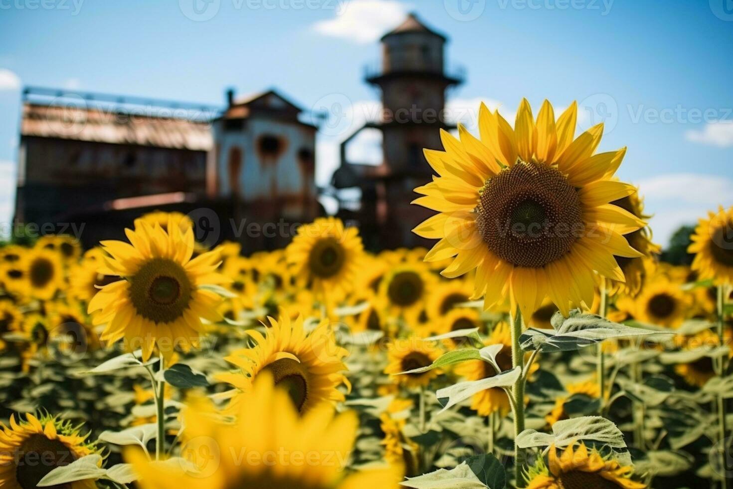 girassóis contra a pano de fundo do a abandonado fábrica. uma girassol campo próspero em uma recuperado industrial local. ai generativo foto