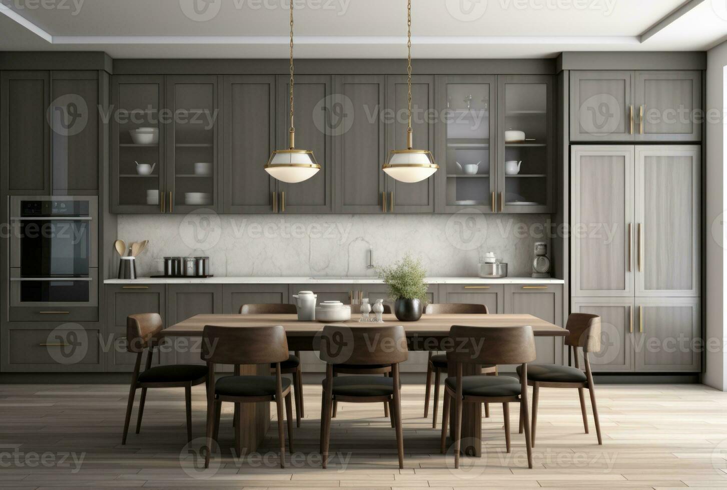 3d Renderização do uma contemporâneo Sombrio cinzento cozinha com branco madeira backsplash. mesa com cadeiras ai gerado. foto