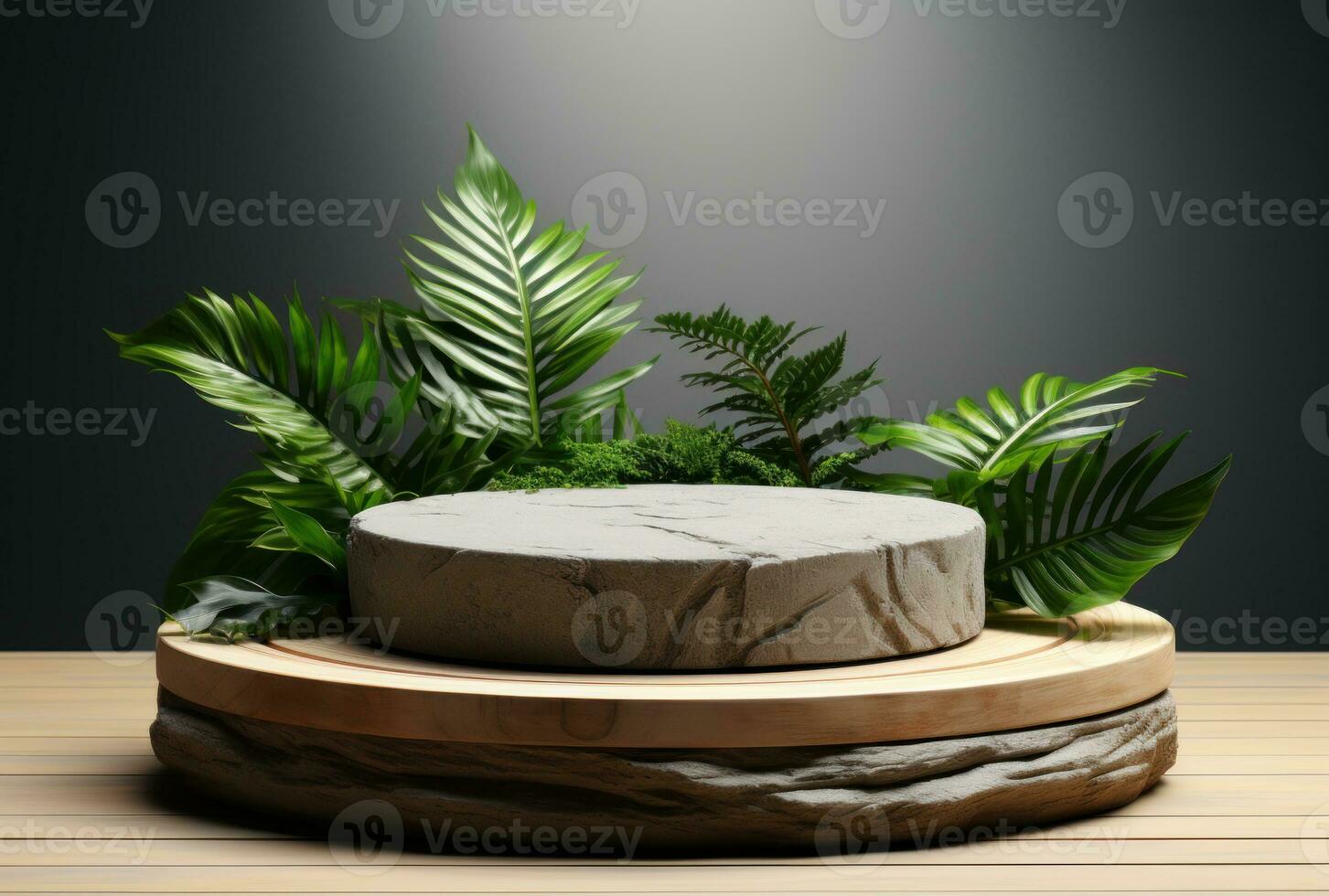 3d pódio madeira exibição branco fundo com verde monstera Palma folha ai gerado. foto