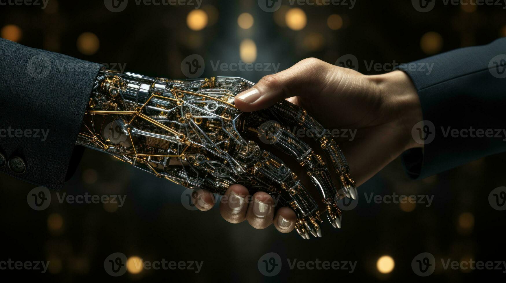 humanos e robôs aguarde mãos humano interação com artificial inteligência ai gerado. foto
