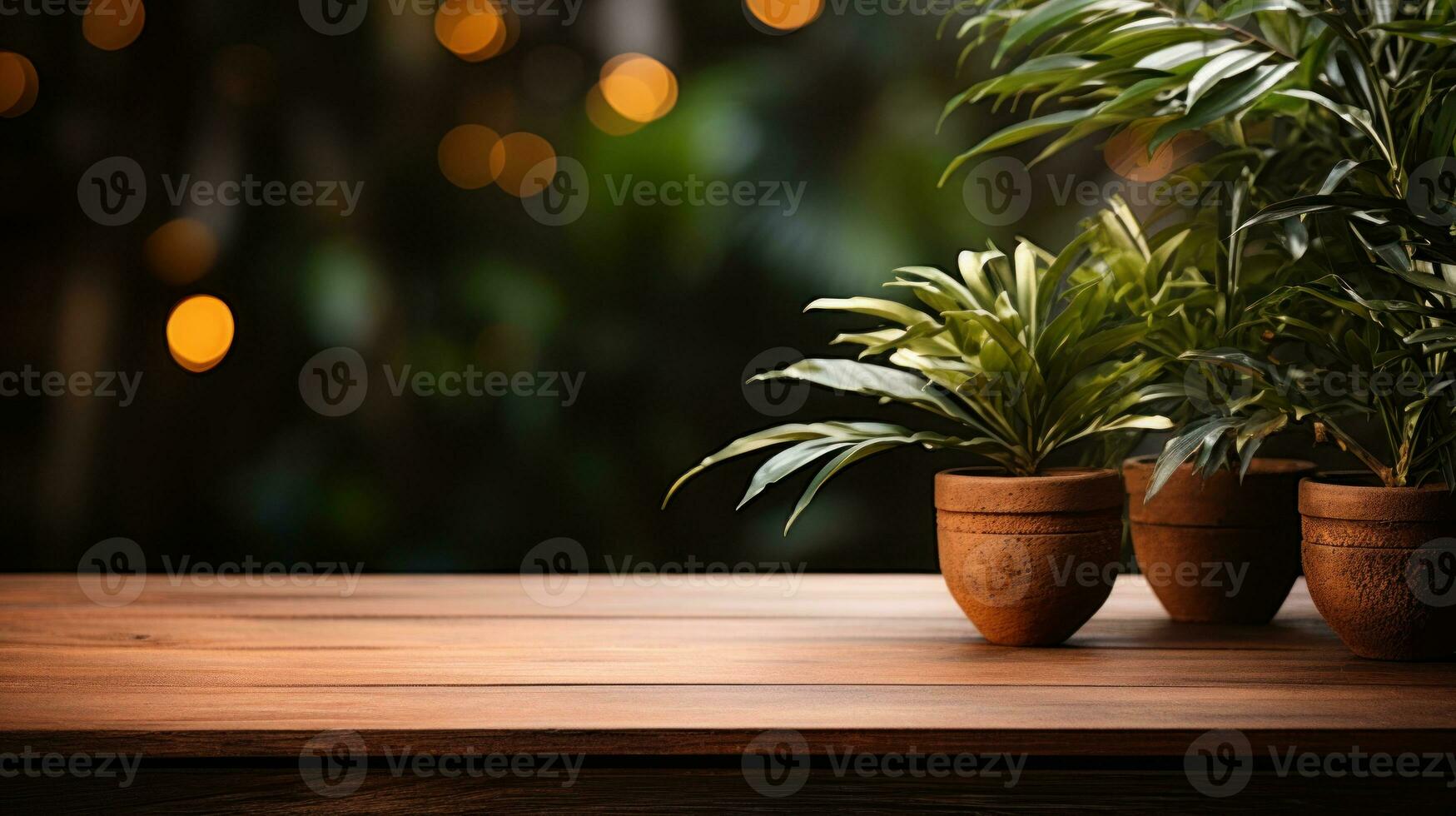 de madeira mesa com em vaso plantas e lindo bokeh fundo ai gerado. foto