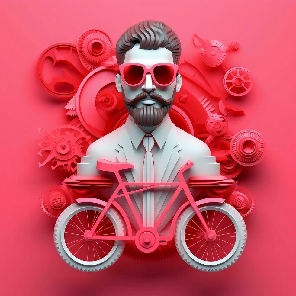 3d personagem do adulto homem dentro óculos e bicicleta em Rosa fundo, ai generativo foto