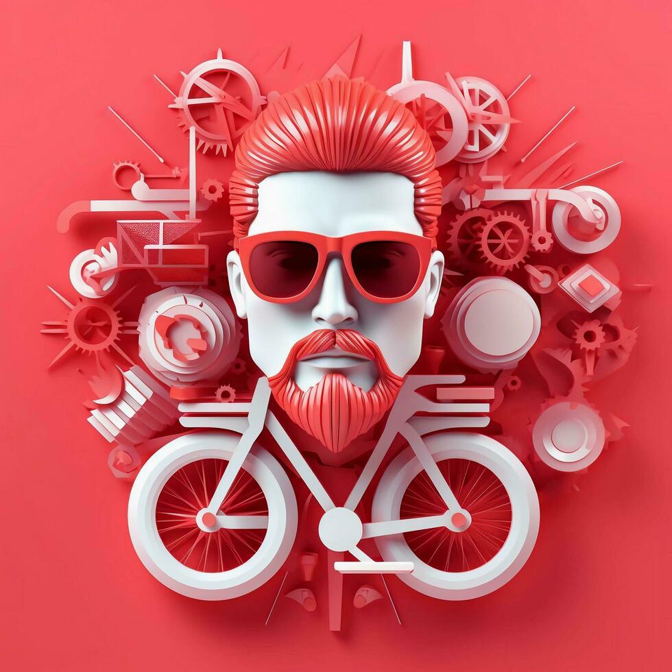 3d personagem do adulto homem dentro óculos e bicicleta em Rosa fundo, ai generativo foto