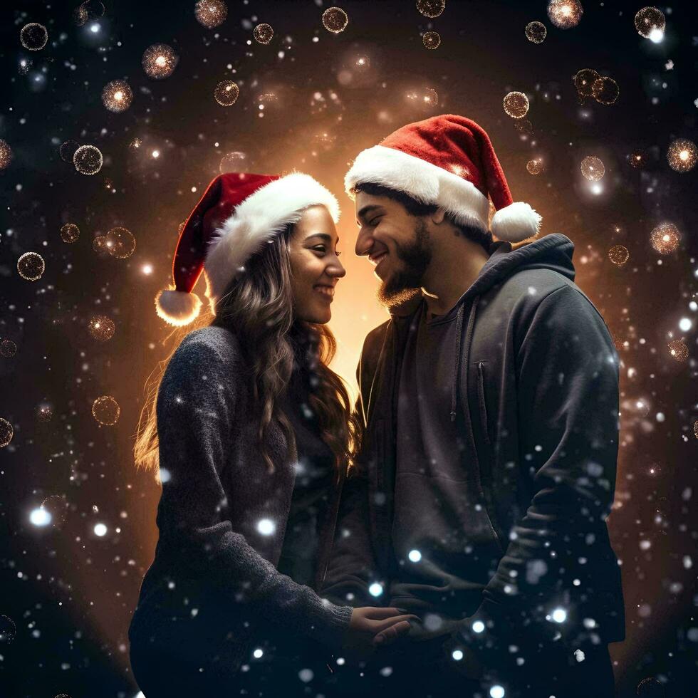 romântico jovem casal vestindo santa claus chapéus, ai generativo foto