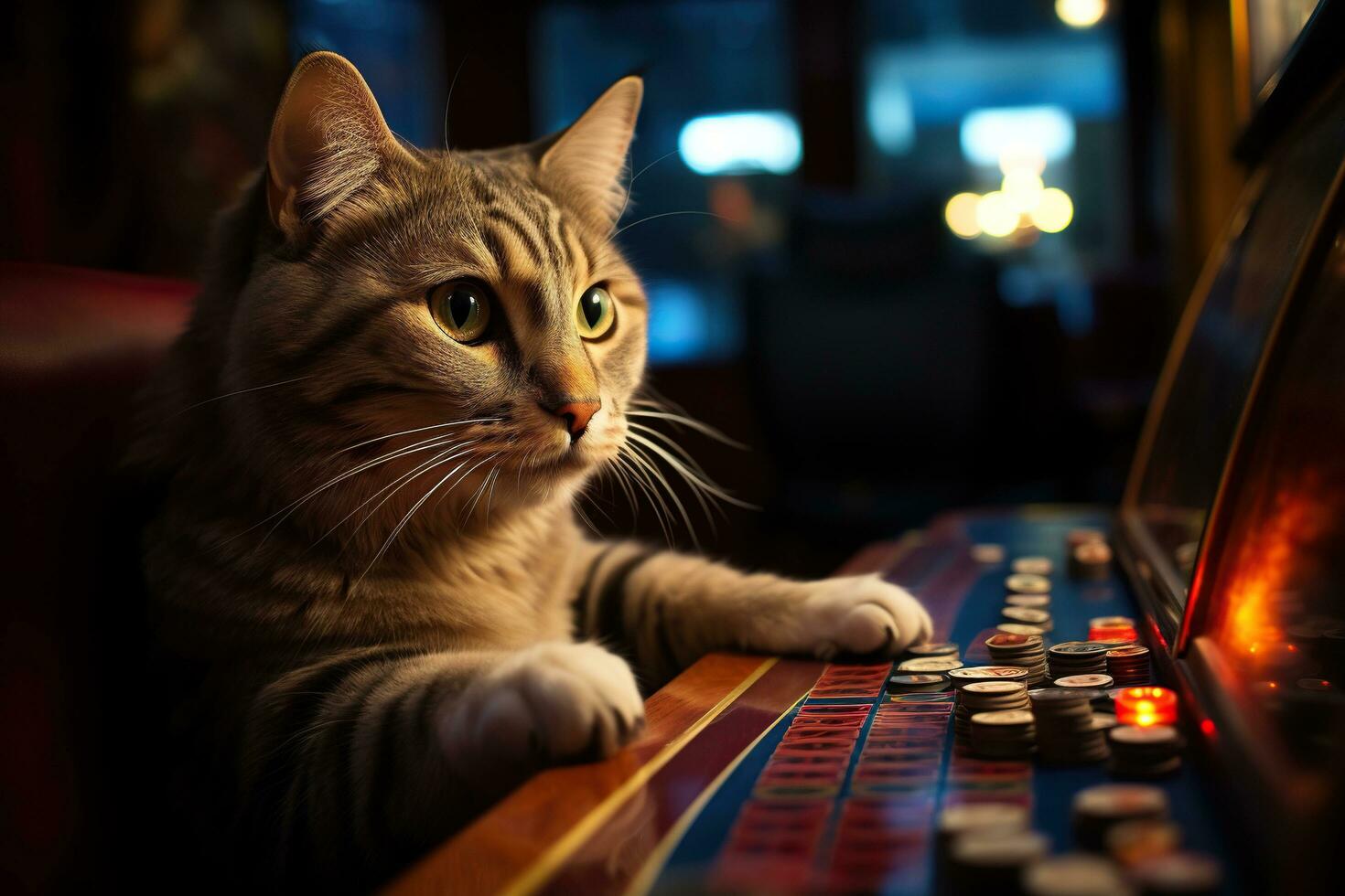 gato às a ranhura máquina. a gato é jogando jogatina. gerado de artificial inteligência foto