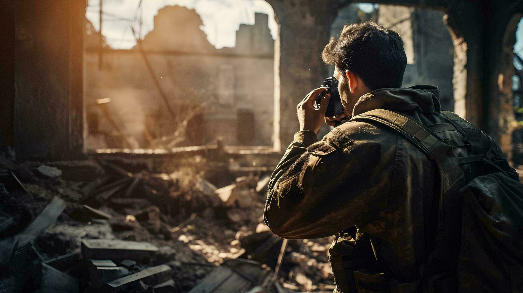 uma soldado é levando uma cenário do uma destruído prédio, ai generativo foto