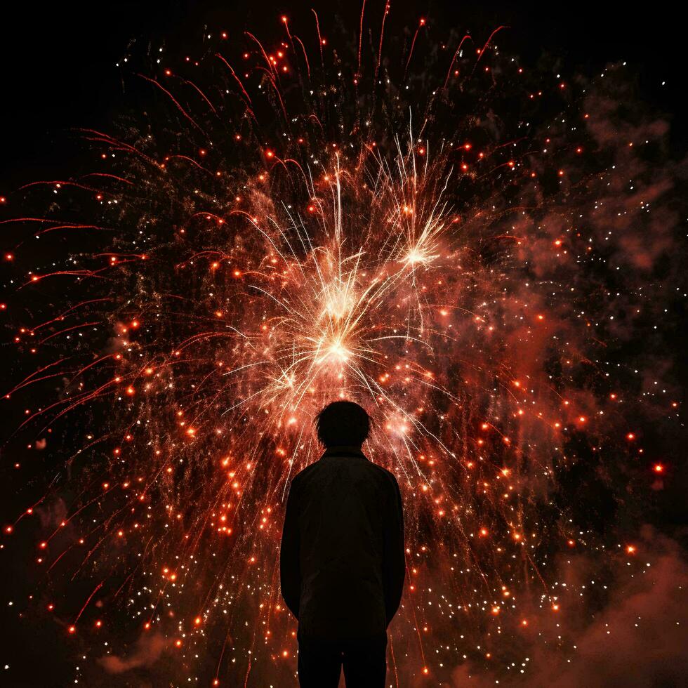 uma homem com fogos de artifício dentro a fundo, ai generativo foto