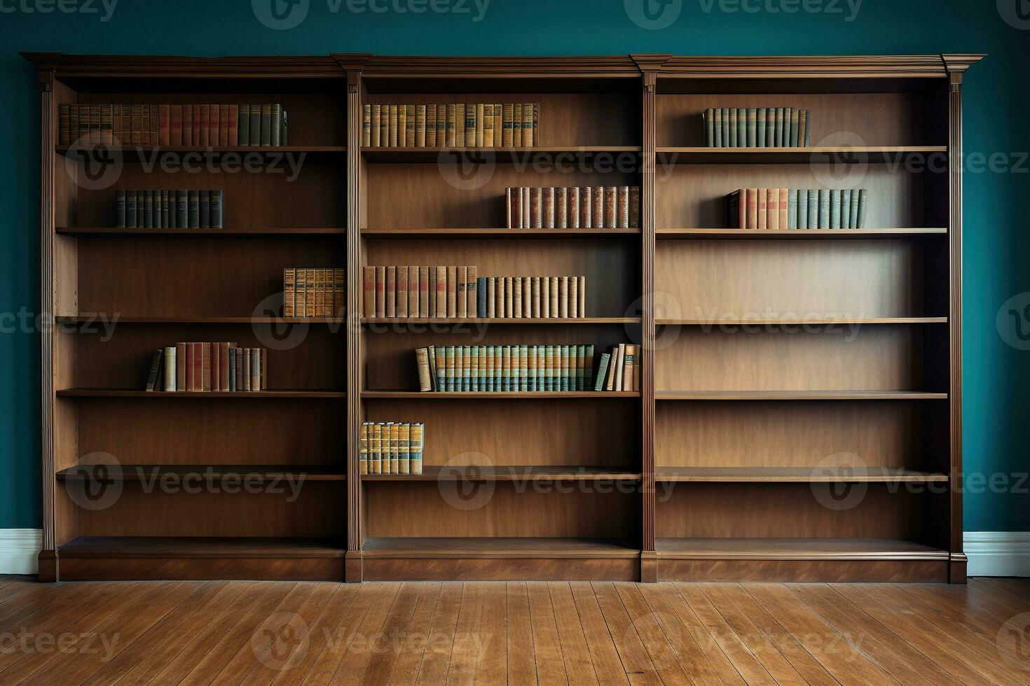 de madeira estante com livros em prateleiras perto uma azul parede em uma de madeira chão. gerado de artificial inteligência foto