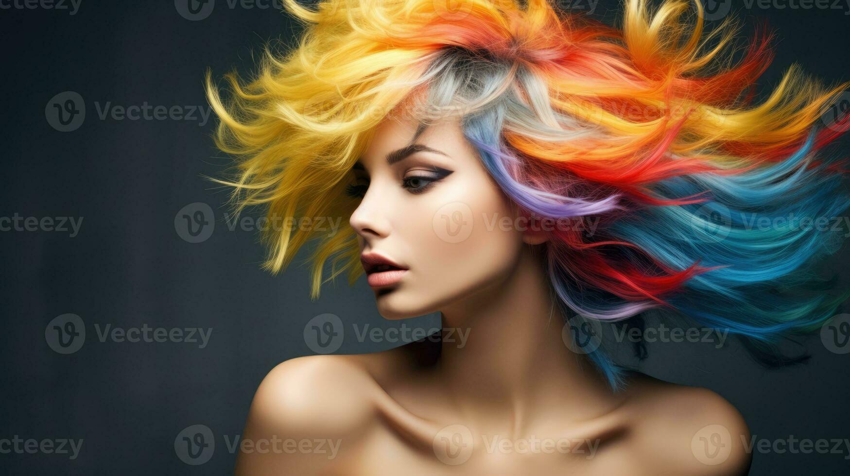 lindo mulher com multicolorido arco Iris cabelo e criativo Penteado. ai generativo foto