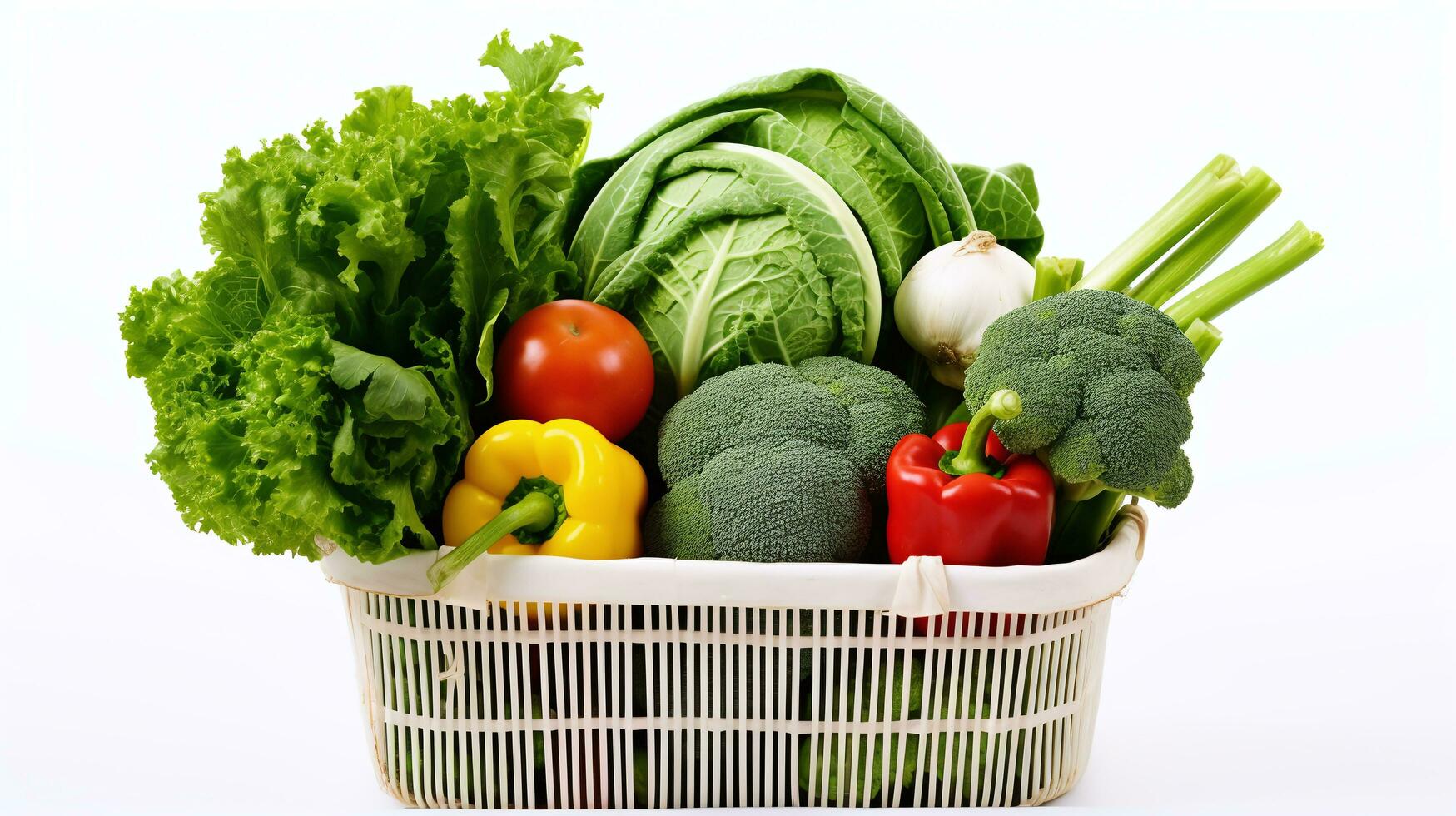 uma branco cesta cheio legumes dentro branco fundo foto