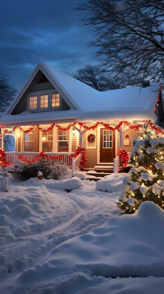 Nevado Natal chalé adornado com vermelho e branco luzes foto