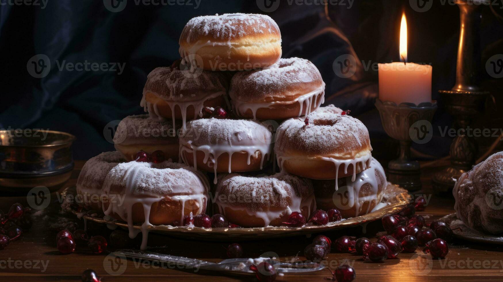 hanukkah sufganiyot. ai generativo tradicional judaico rosquinhas para hanukkah foto