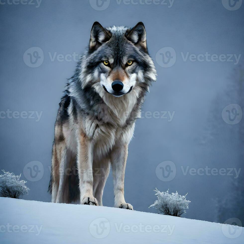 uma solitário Lobo em pé orgulhosamente em uma coberto de neve colina. ai generativo foto