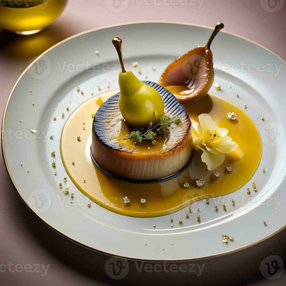 uma visualmente impressionante prato do queimado foie gras acentuado com uma delicado pera e refogado compota. ai generativo foto