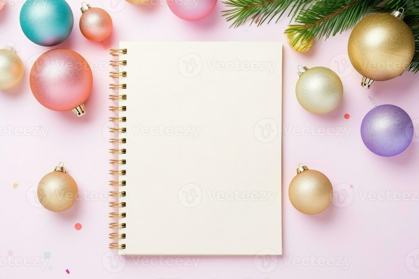 topo Visão em branco diário página pastel, festivo Natal coisas decorações ao lado, espaço para adicionando texto, gerado por IA foto
