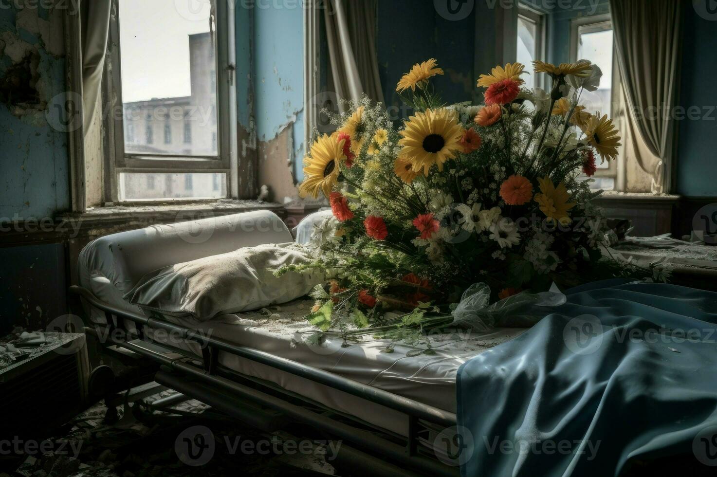 ramalhete do flores em hospital cama, bombardeado cidade visualizar. gerar ai foto