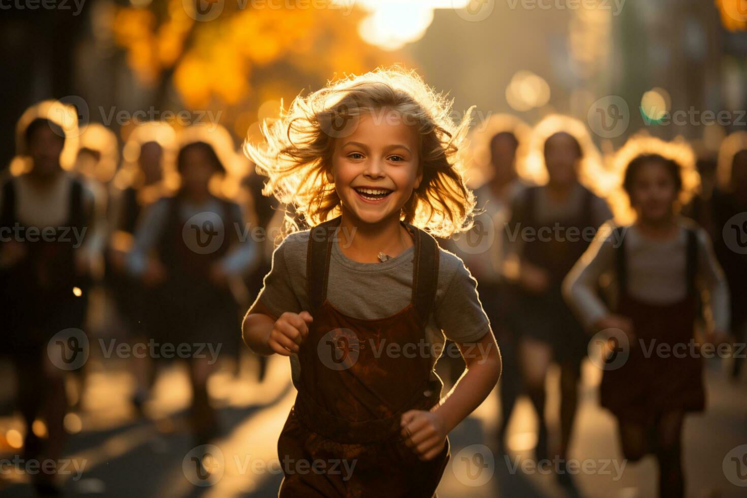 crianças corrida em uma maratona durante nascer do sol ai gerado foto