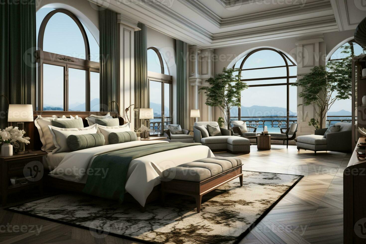luxuoso quarto dentro 5 Estrela hotel com aberto janela Visualizações ai gerado foto