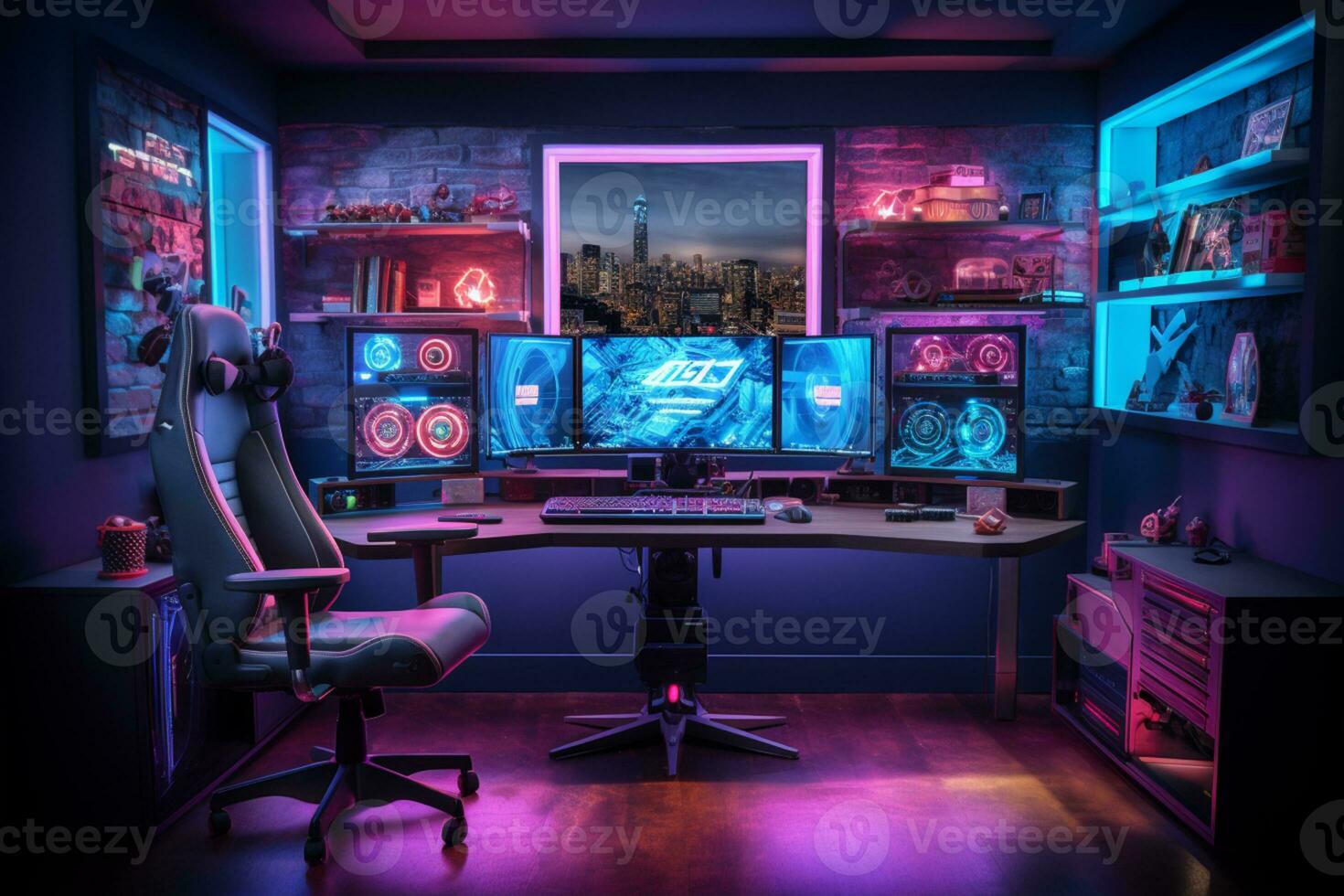 interior do jogos quarto configuração com néon luzes ai gerado foto