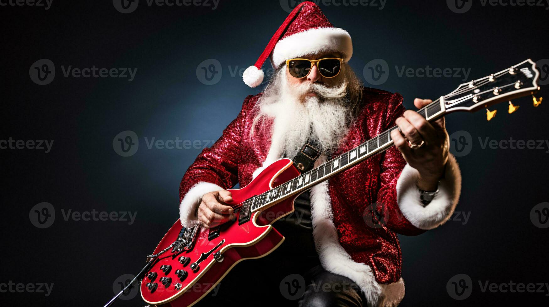 ai generativo legal hipster santa em graves guitarra às festa com oculos de sol foto