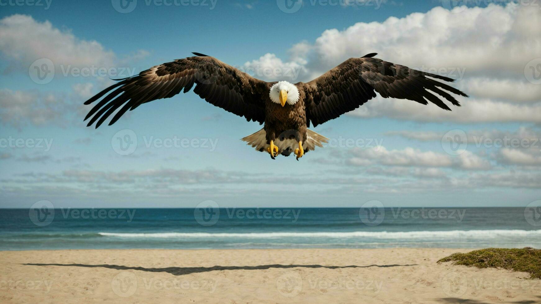 uma lindo verão dia com azul céu e uma solitário steller mar Águia sobre a de praia ai generativo foto