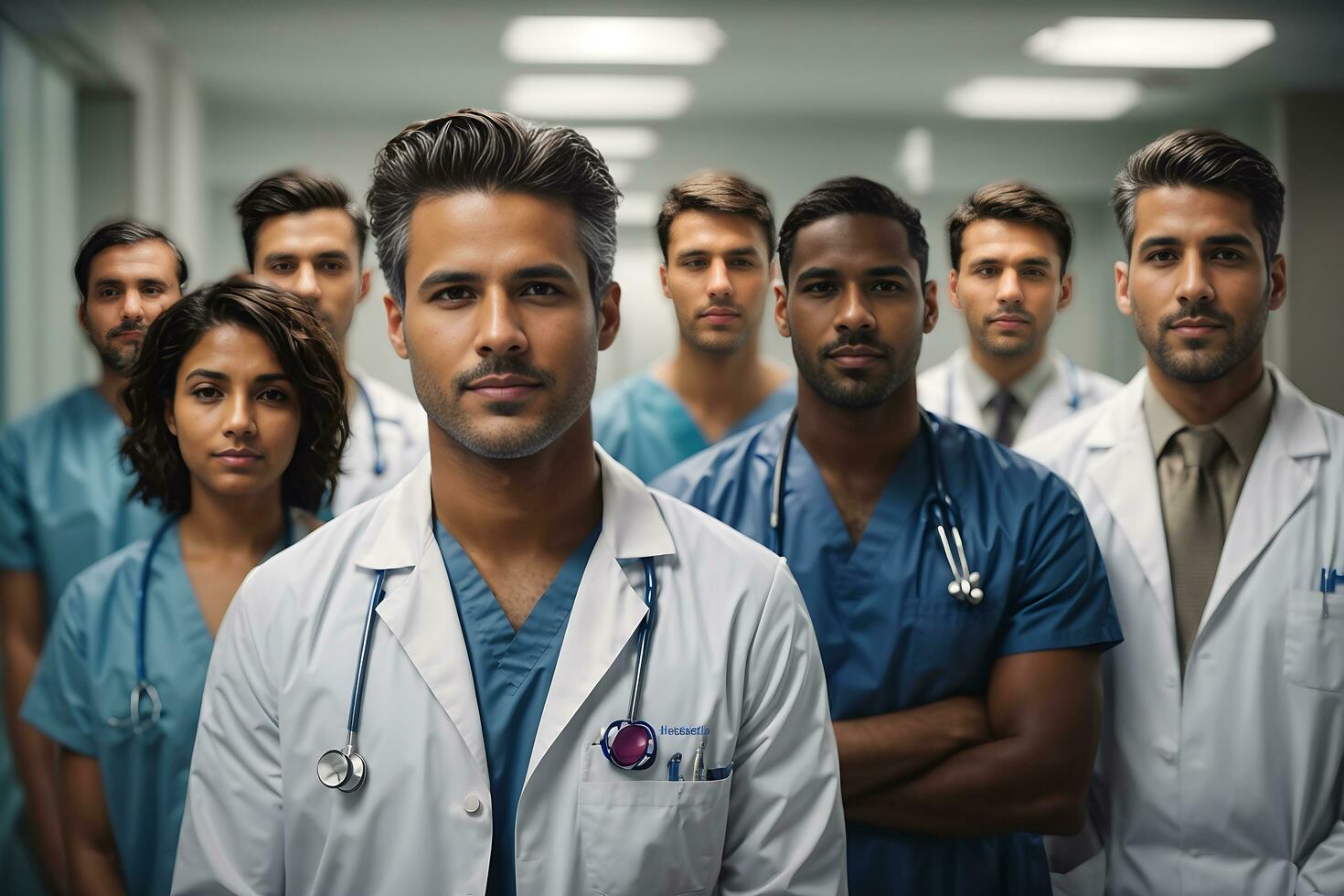 uma grupo do médico funcionários às hospital bonito doutor. ai generativo foto