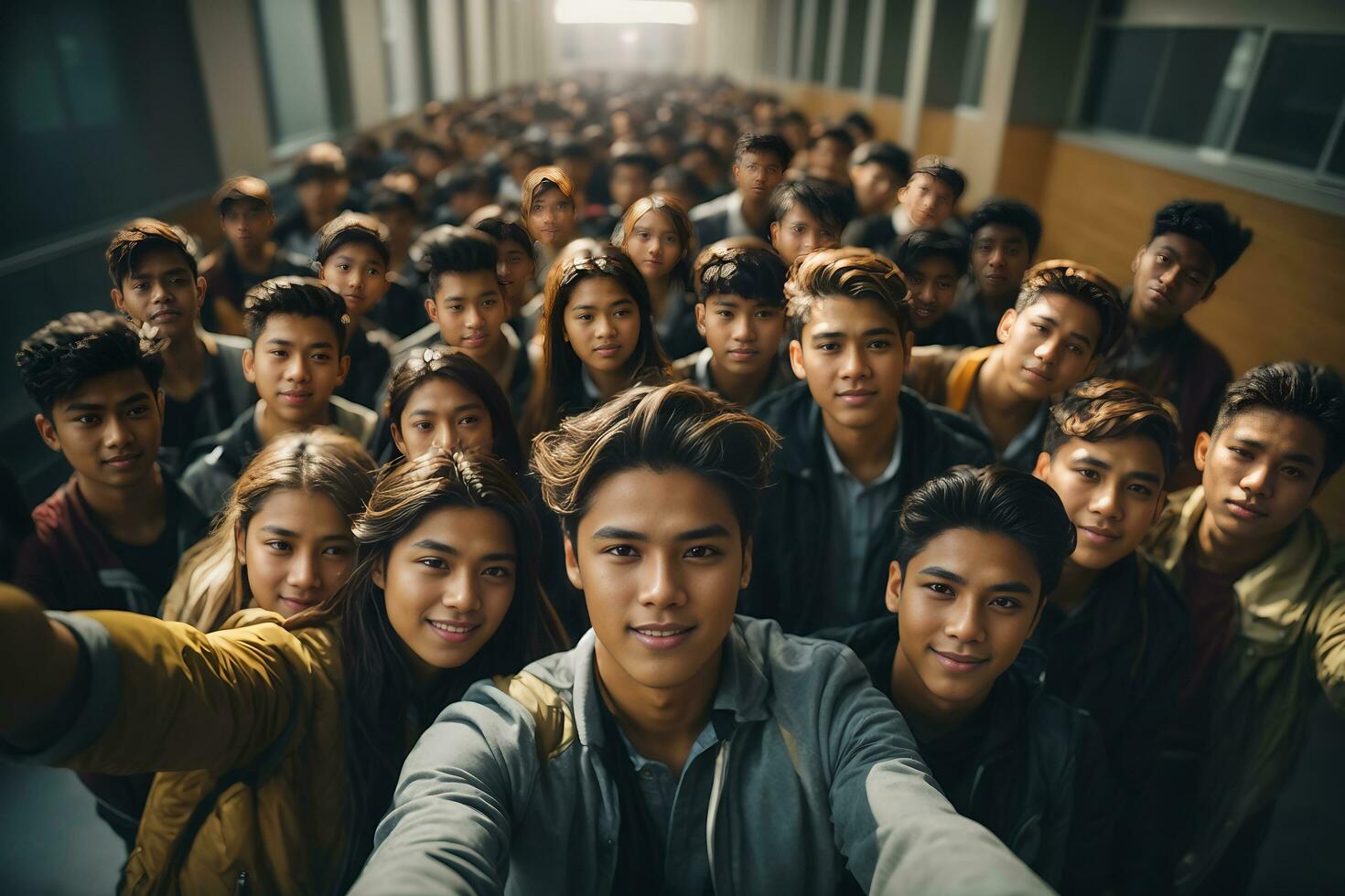 Alto ângulo alunos levando selfie. ai generativo foto