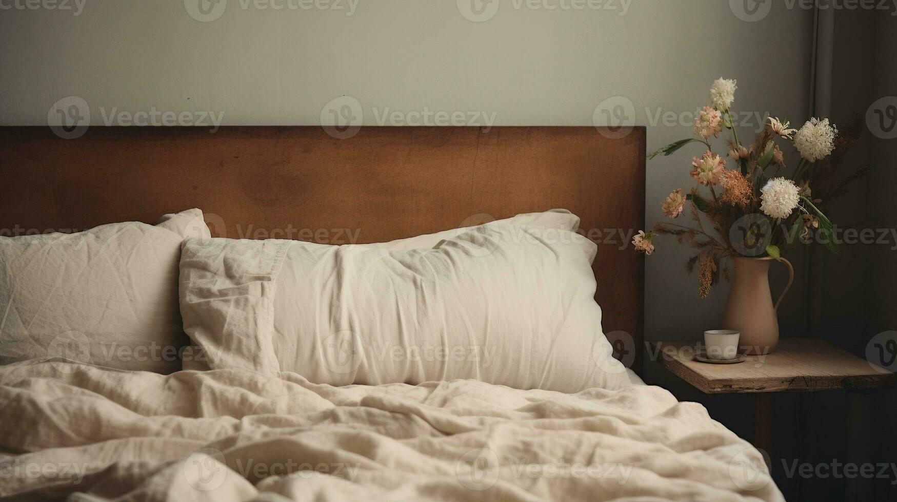 generativo ai, relaxante quarto detalhe do cama com natural linho texturizado roupa de cama, silenciado neutro estético cores foto