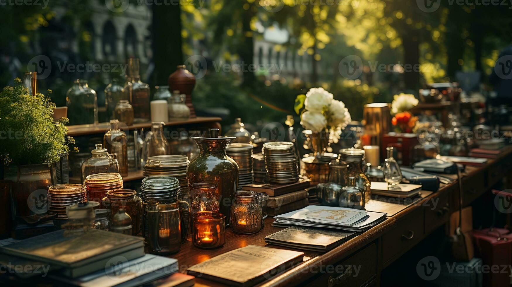 garagem oferta, vintage e usava bens em exibição às a tarde pulga mercado em a greensward - uma Tesouro caçar para Antiguidade e retro colecionáveis, ai generativo foto