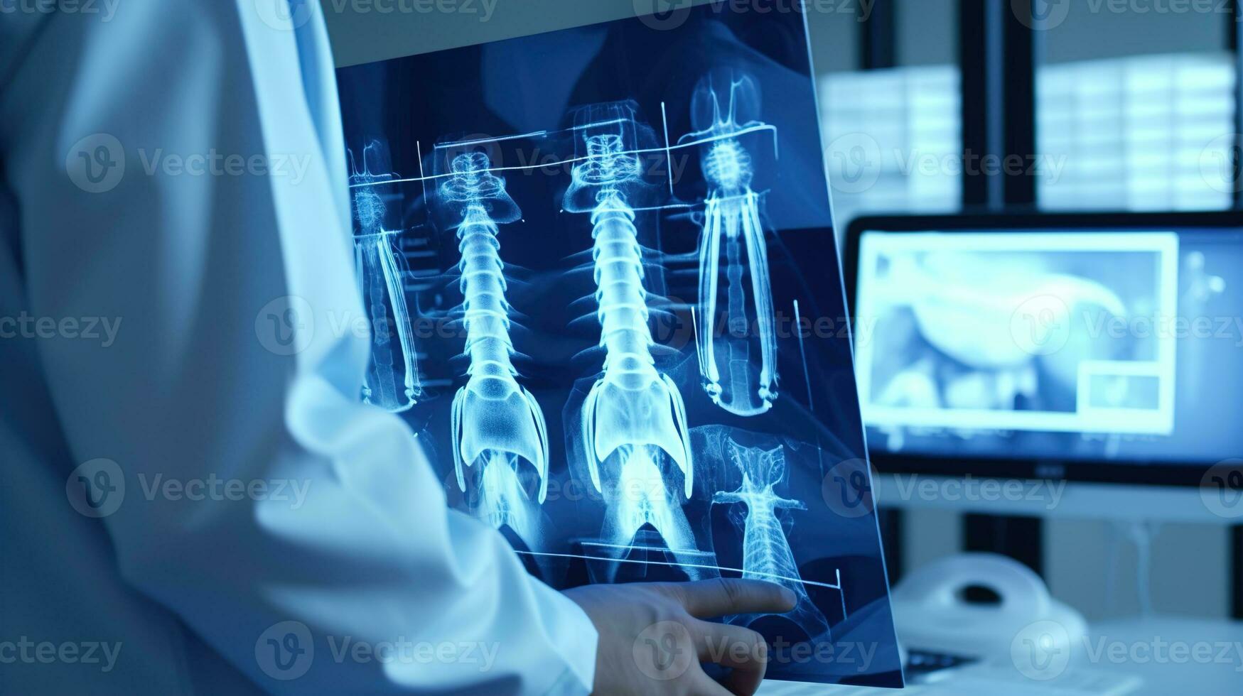 ortopédico cirurgião médico perícia, médico Verifica pacientes joelho articulação raio X filmes, ressonância magnética, e ct Varredura dentro radiologia ortopédico, hospital fundo, ai generativo foto