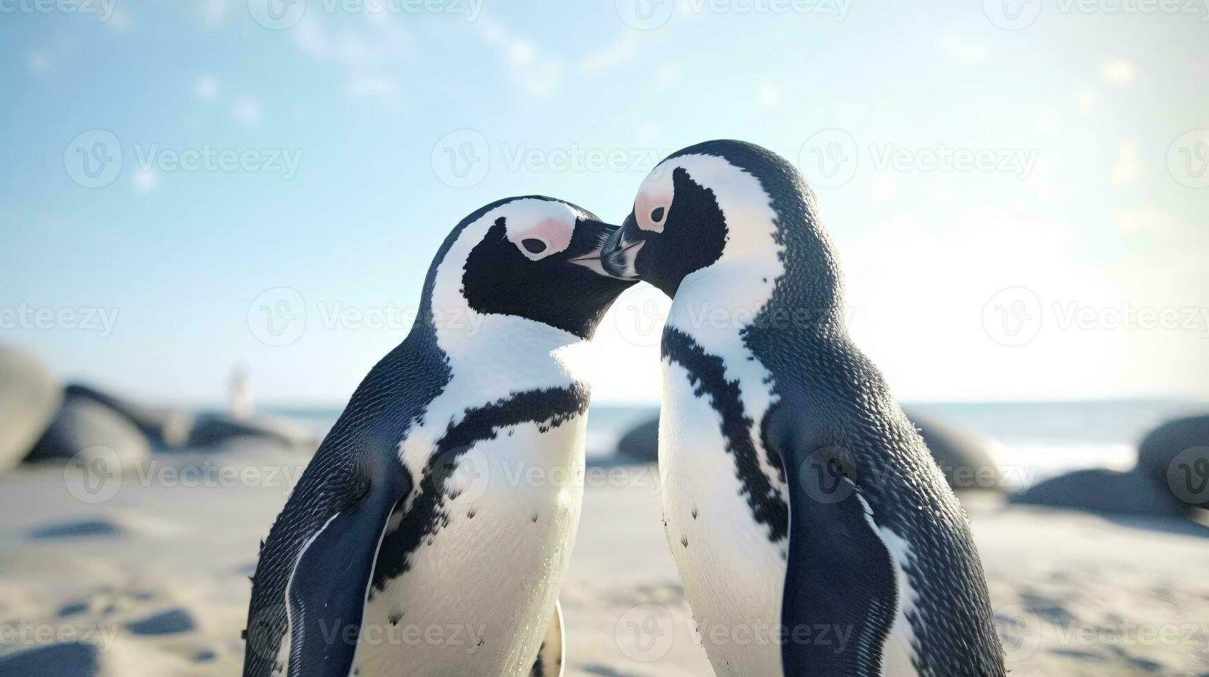 uma grupo do pinguins em uma de praia ai gerado foto