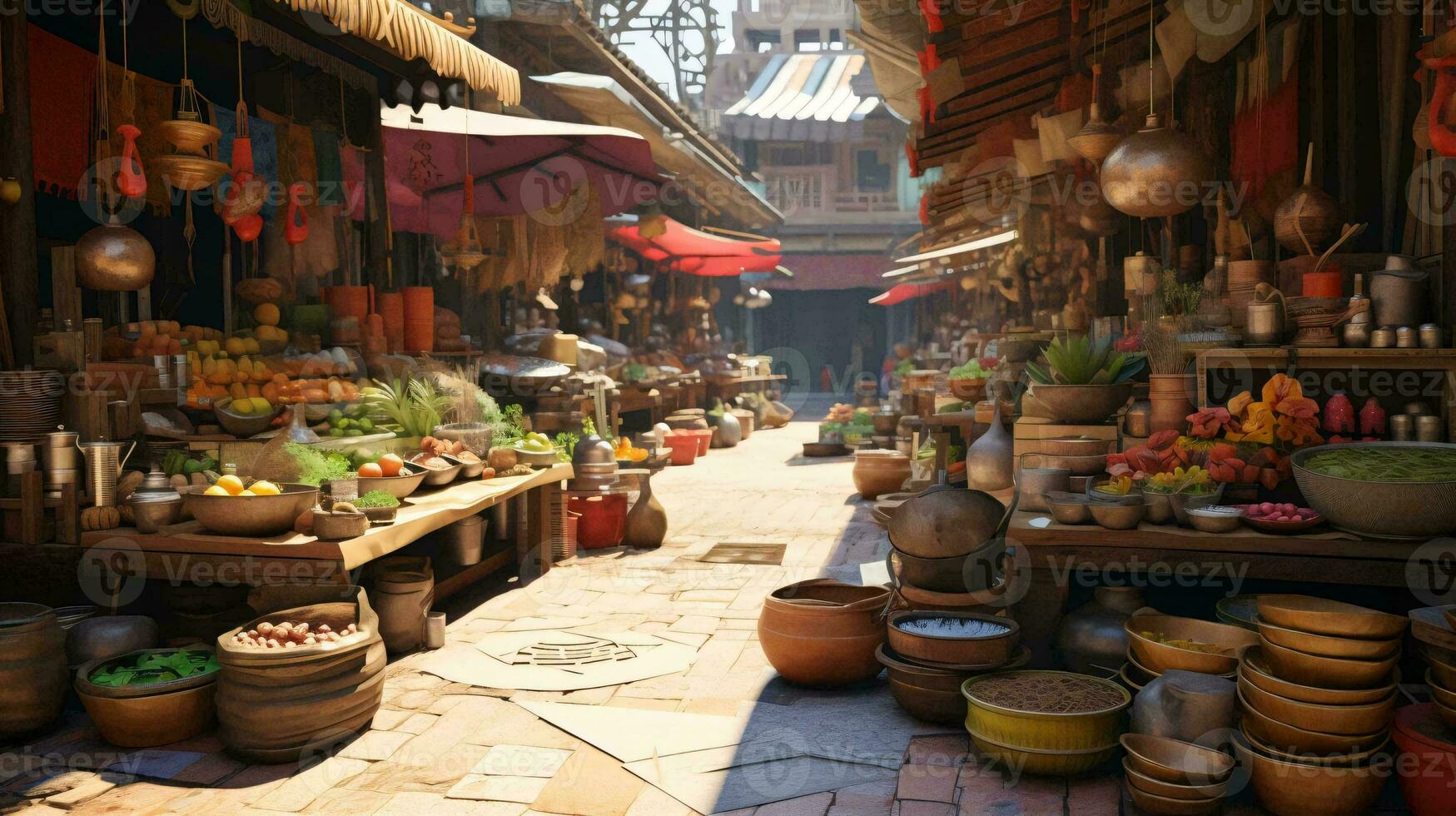 uma rua mercado com muitos panelas e taças ai gerado foto