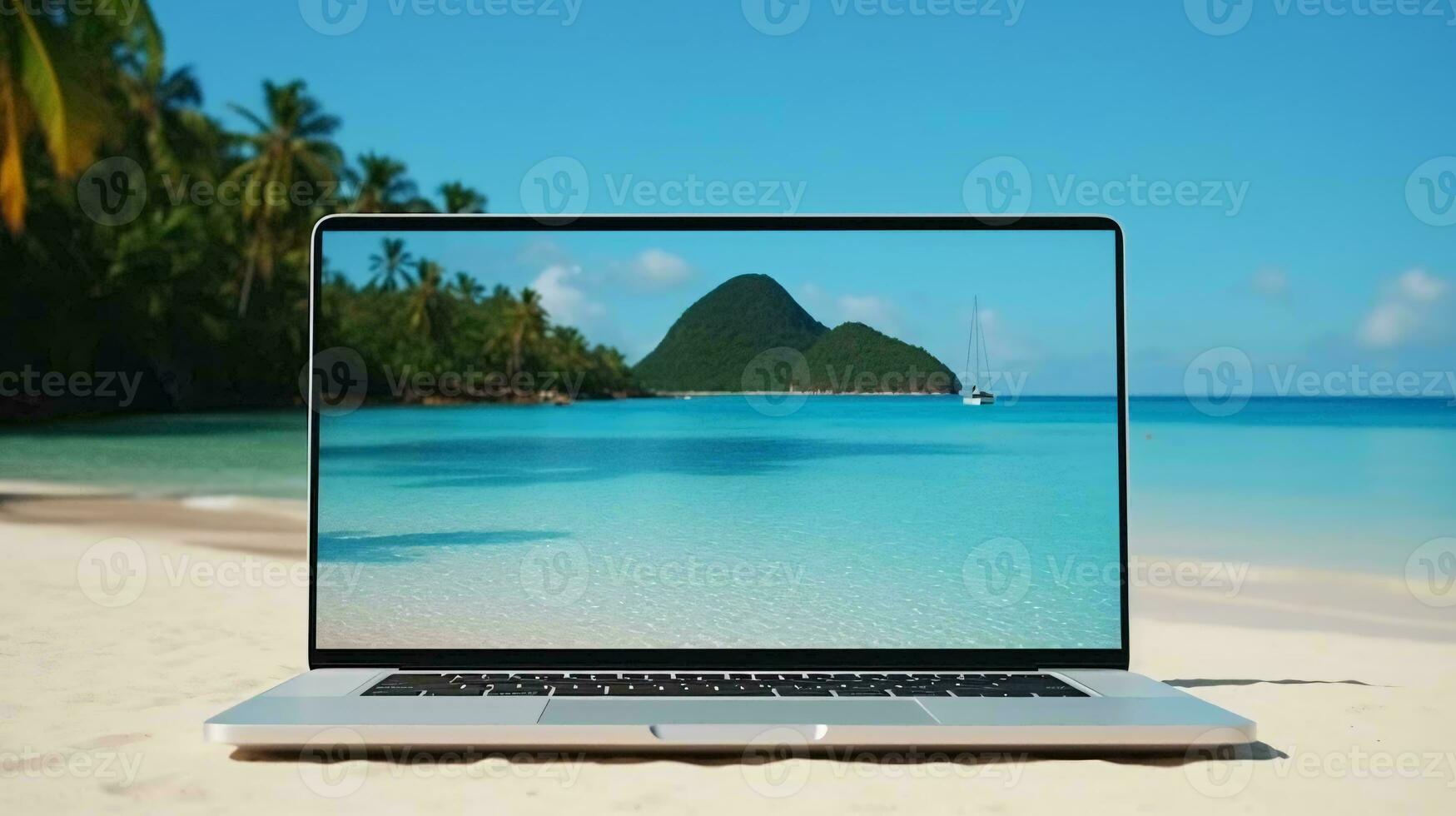 uma computador portátil em uma de praia ai gerado foto