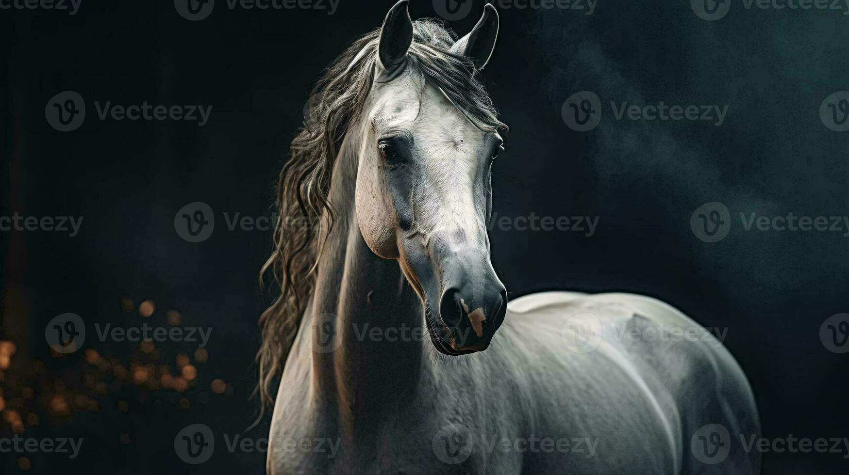 uma branco cavalo com uma Preto fundo ai gerado foto