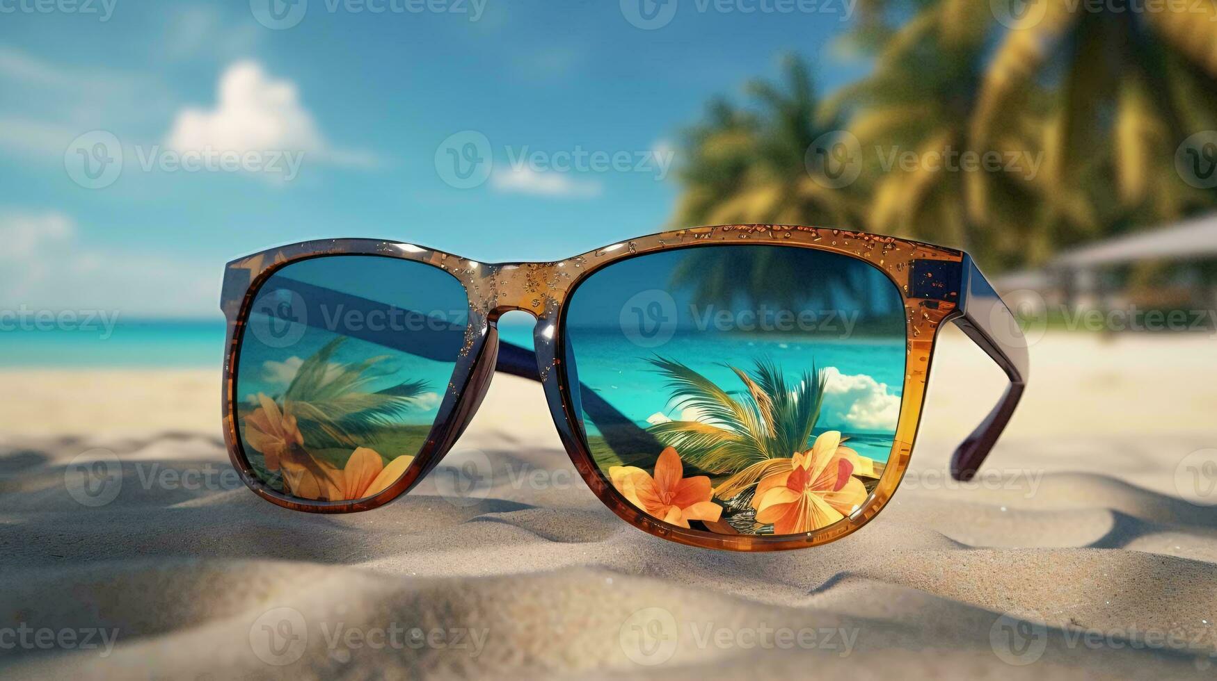 uma par do oculos de sol em uma de praia ai gerado foto